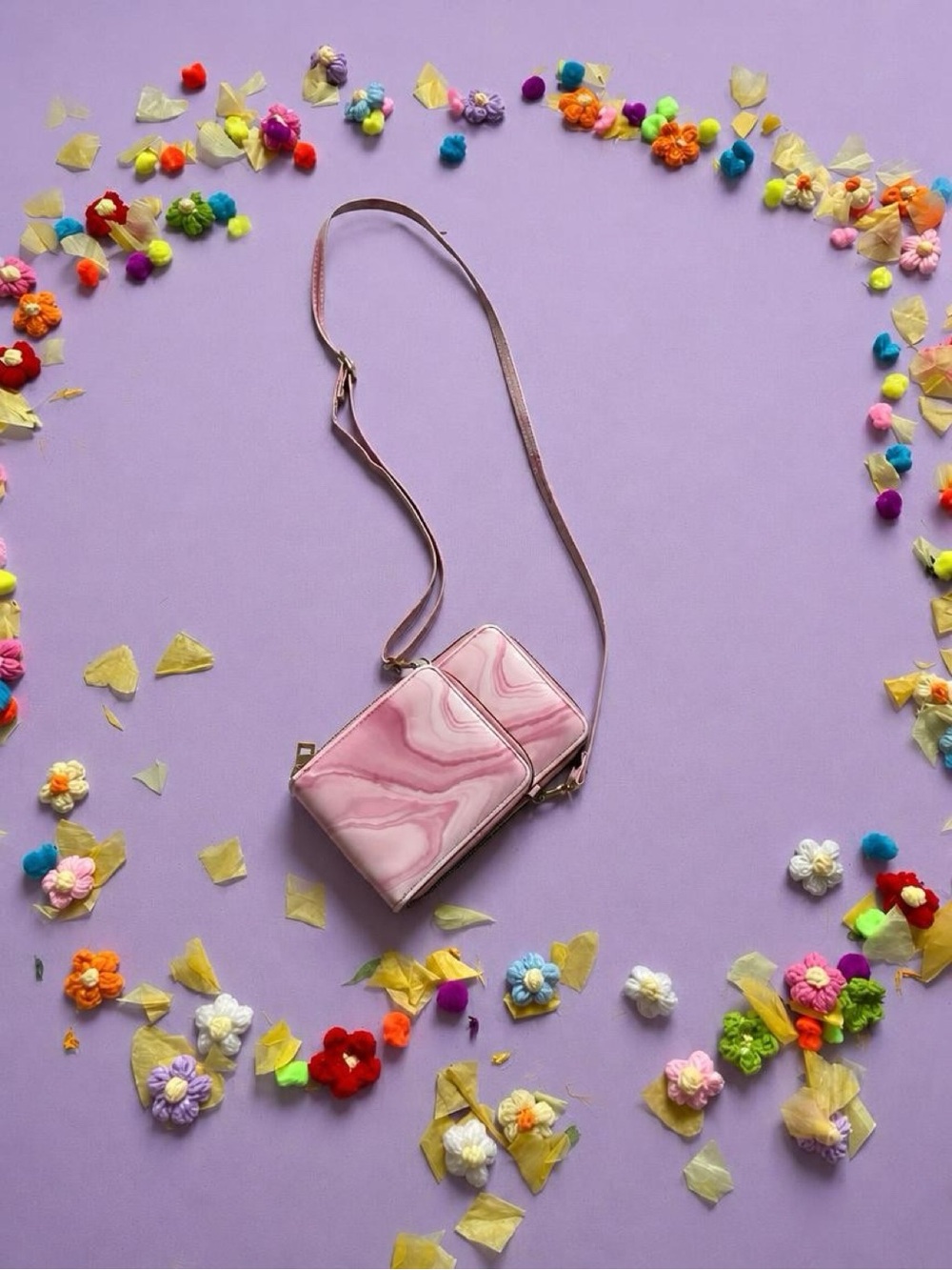 Pink Marble Crossbody Bag with Gold Accents - Women